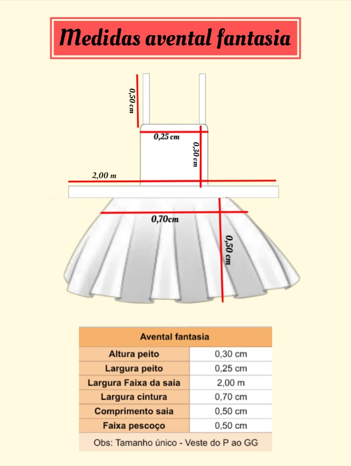 Tabela de medidas do avental fantasia